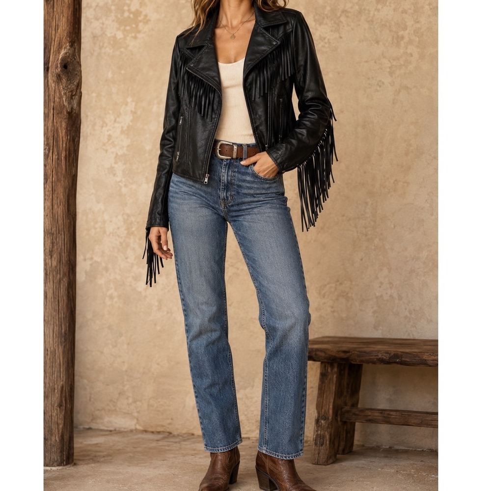 Therapy Black Faux Leather Fringe Moto Jacket Western Boho Biker Size M yy
